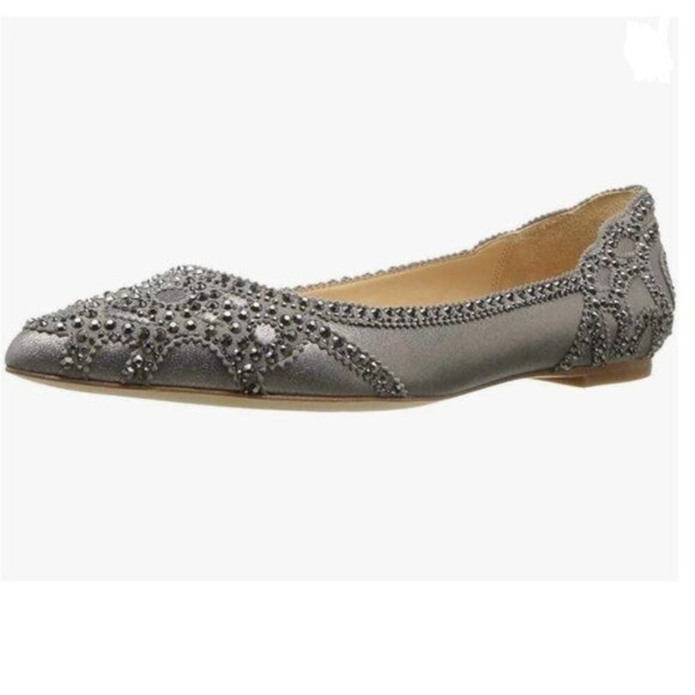 XYD Deep Gray Pointed Toe Rhinestone Flats Crystal Embellished Wedding Shoes